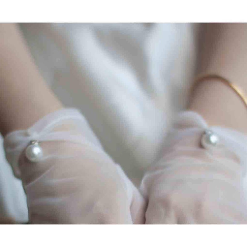 Olbye Bridal Wedding Gloves Full Fingers White Bridal Gloves For Bride and Bridesmaids Pearl Sheer Tulle Short Gloves Proms Costume Occasion Gloves - Image 5
